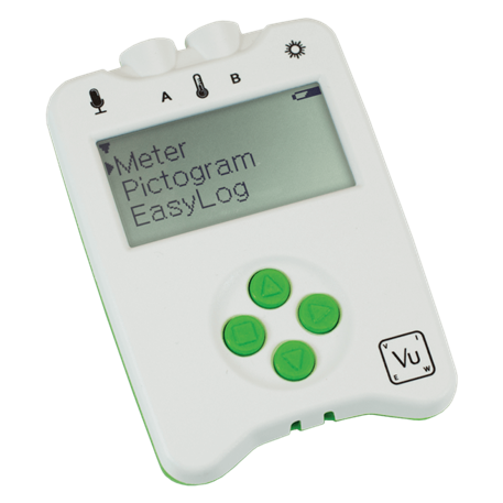 White Vu+ Data Logger with green buttons.