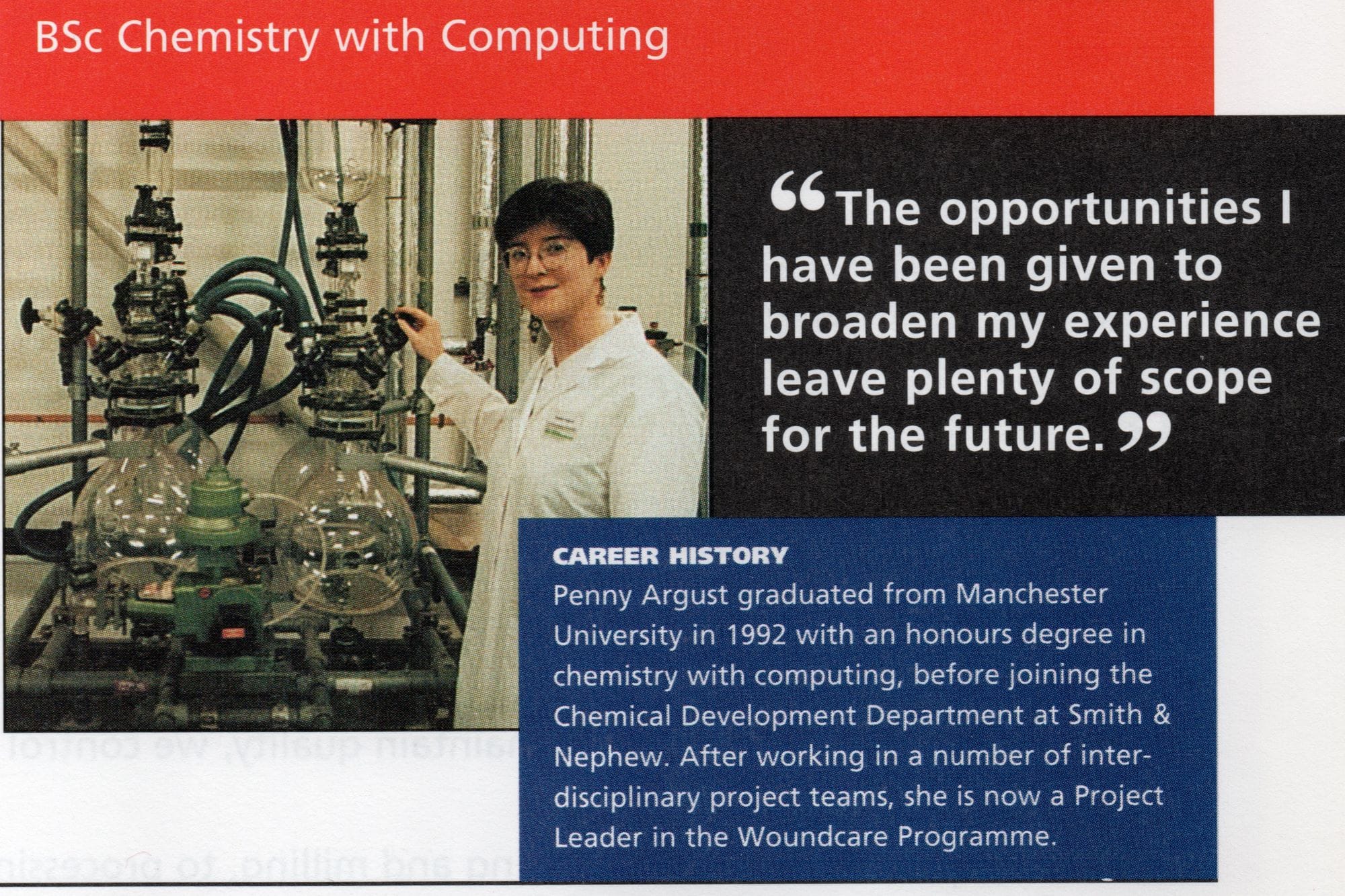 Penny wearing a lab coat conducting an experiment at a chemical apparatus in a laboratory setting, with a caption about her career progress in the chemical development department at Smith & Nephew.